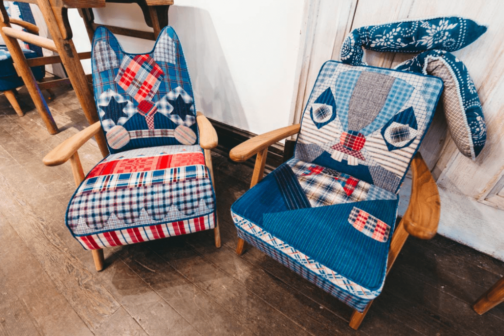Upcycled vintage chairs with patchwork upholstery by Brut Cake