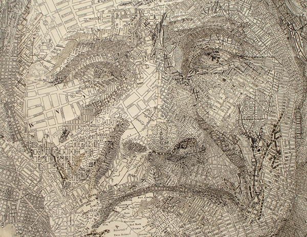 Detail of art made from maps by paper artist Matthew Cusick