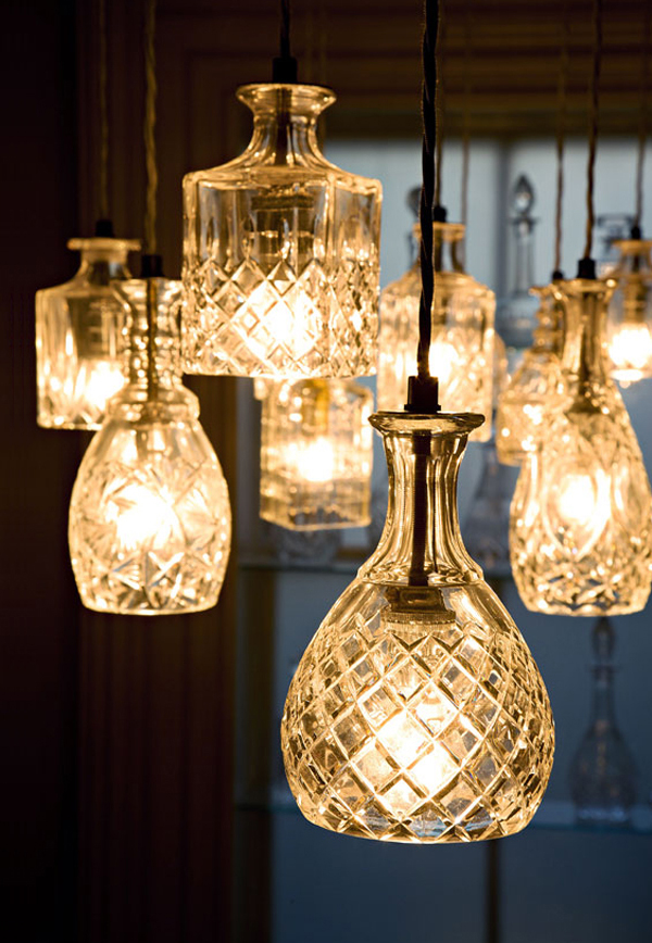 Lighting made from repurposed vintage glass decanters