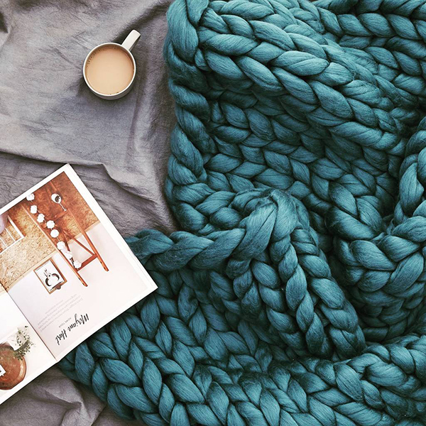 Giant teal knitted chunky pure wool blanket