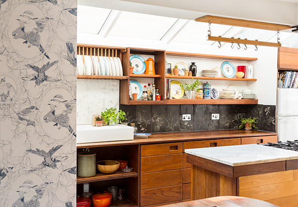 Kitchen with wallpaper and etched slate tiles by Daniel Heath