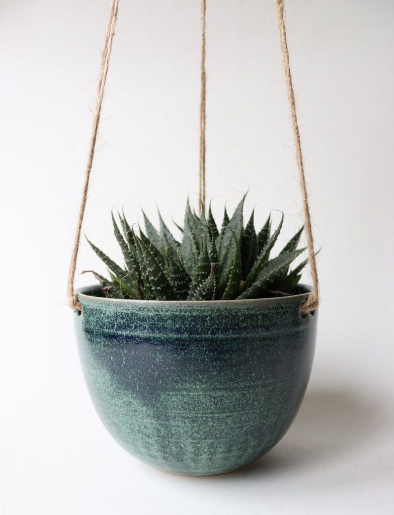 Handmade teal ceramic hanging planter