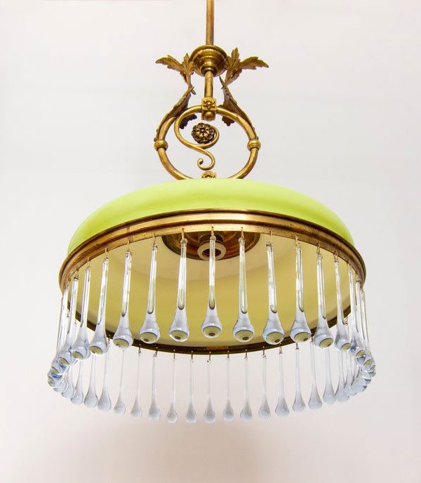 Vintage 1930s lime green gold and blue opaline chandelier