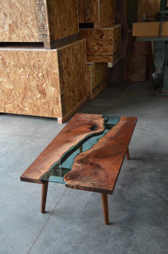 Reclaimed wood and glass dining table by Greg Klassen