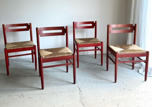 vintage red midcentury chairs with rush seats